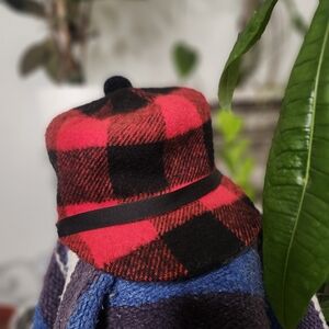 Vintage Red and Black Wool Plaid Hat Buffalo Ceck Pom Pom 60s 70s